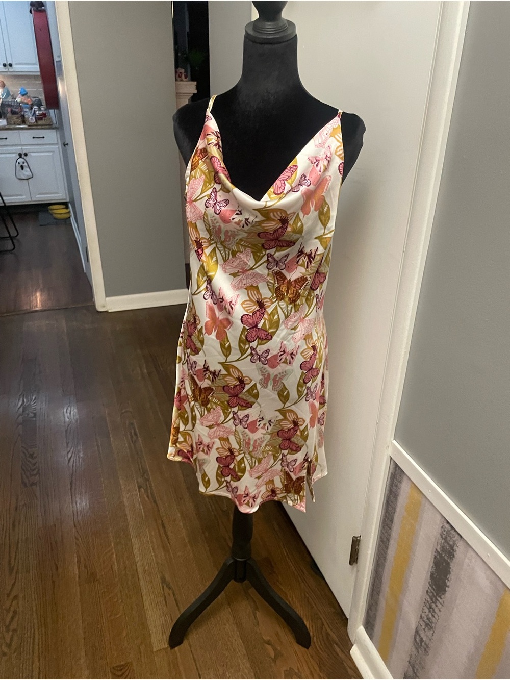 Lush Floral Satin Slip Dress in Pink & Gold